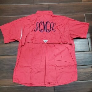 Columbia PFG Fishing Shirt Mens L Button Up Short Sleeve Vented Coral A.M.A Mono